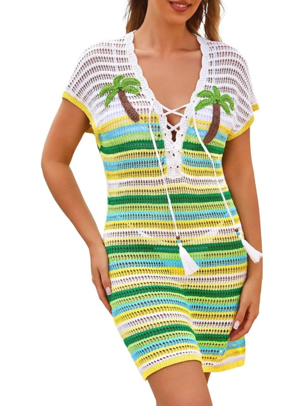 Women's Yellow Deep V Neck Lace Up Boho Striped Beach Crochet Cover Up Dress